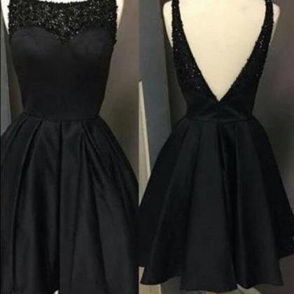 Black Short Satin V Back Prom Dresses, Beaded..