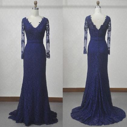 Long Sleeves Lace Prom Dress, Blue Lace Formal..