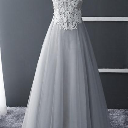 Grey Tulle Pretty V Neckline Prom Dress, Lace..