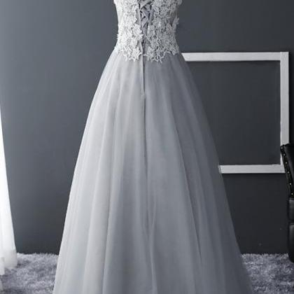 Grey Tulle Pretty V Neckline Prom Dress, Lace..