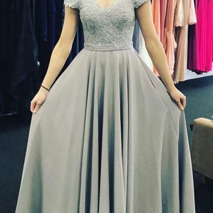 Grey Chiffon Applique Off Shoulder Prom Dresses..