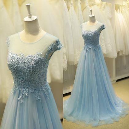 Light Blue Elegant Tulle Lace Applique Prom Dress,..