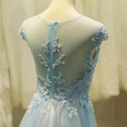 Light Blue Elegant Tulle Lace Applique Prom Dress,..