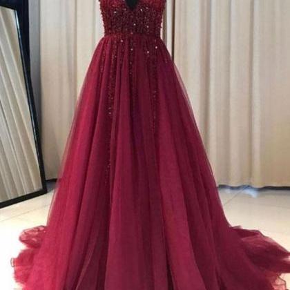 Elegant Wine Red Tulle Beaded V-neckline Prom..