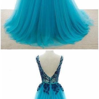 Backless Tulle Lace Blue Elegant Party Gowns, Prom..