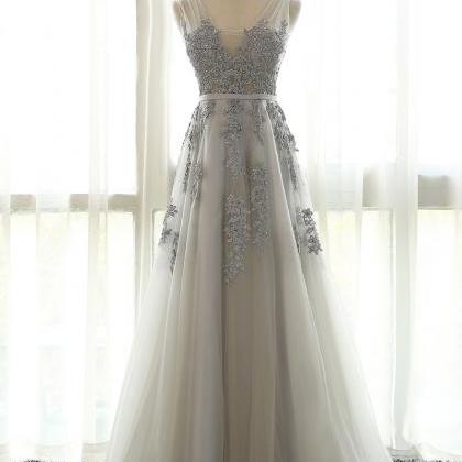 Lace Charming V-neckline Grey Tulle Party Dresses..