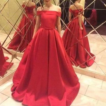 Red Off Shoulder Satin Long Prom Dresses 2018, Red..