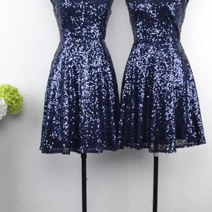 Blue Sequins Short Bridesmaid Dresses, Knee Length..