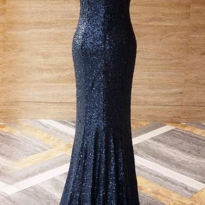 Dark Navy Blue Sequins Long Prom Dresses 2018,..
