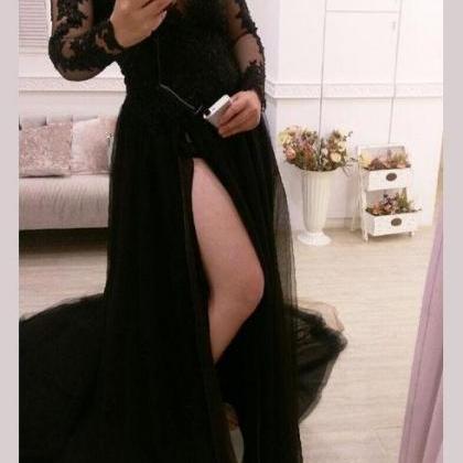Sexy Black Long Sleeves Slit Tulle Party Gowns,..