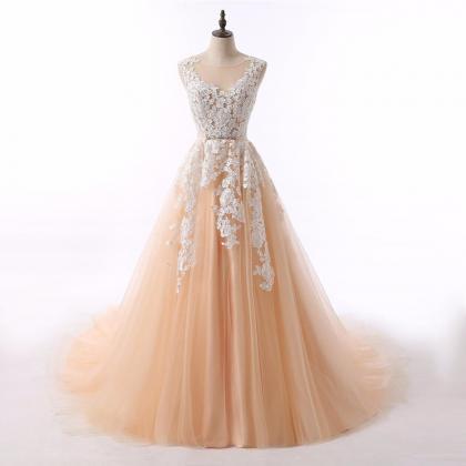 Champagne Tulle Long Ball Gown Party Dress With..