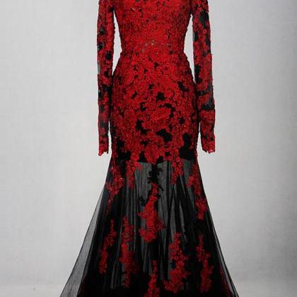 Red And Black Lace Long Sleeves Long Prom Dresses,..