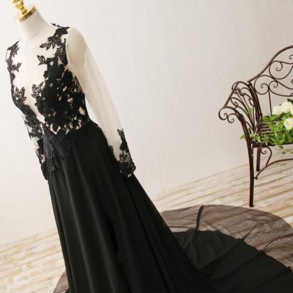 Black Long Sleeves Slit Long Train Prom Dresses,..