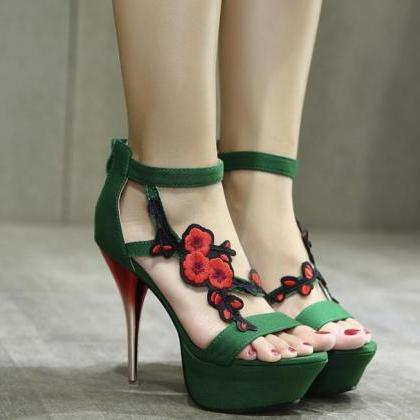 Stiletto Embroidery Suede Sweet High-heeled..