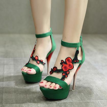 Stiletto Embroidery Suede Sweet High-heeled..
