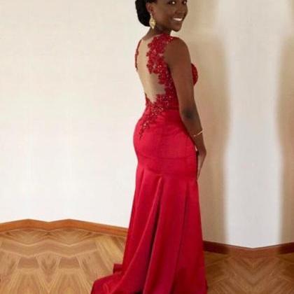 Red Style Satin With Applique Classical Prom..