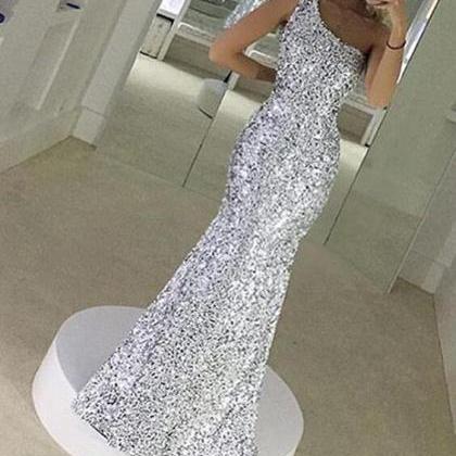 Shiny One Shoulder Sequins Prom Dresses, Sparkle..