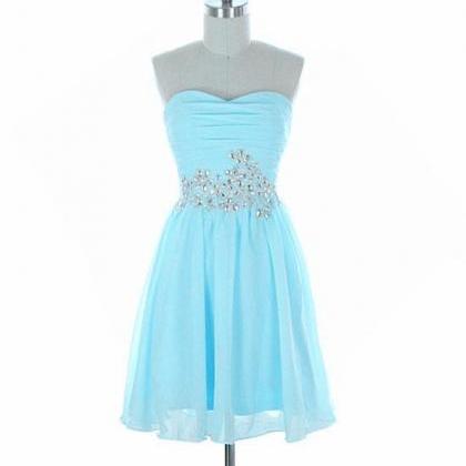 Light Blue Short Prom Dresses, Beaded Knee Length..