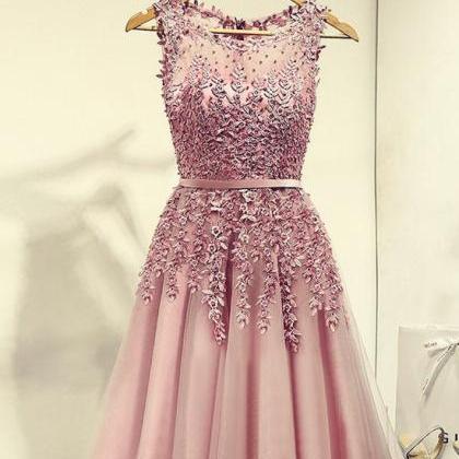 Pink Prom Dresses 2018, Applique And Beaded Knee..