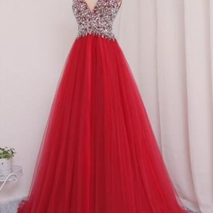 Red Tulle V Neckline Beaded And Sequins Sparkle..