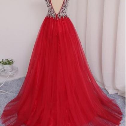 Red Tulle V Neckline Beaded And Sequins Sparkle..