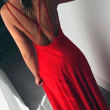 Red Straps Sexy Chiffon Prom Dresses, Red Floor..