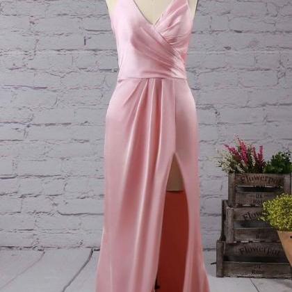 Custom Made Pink Sleeveless V-neckline Satin Floor..