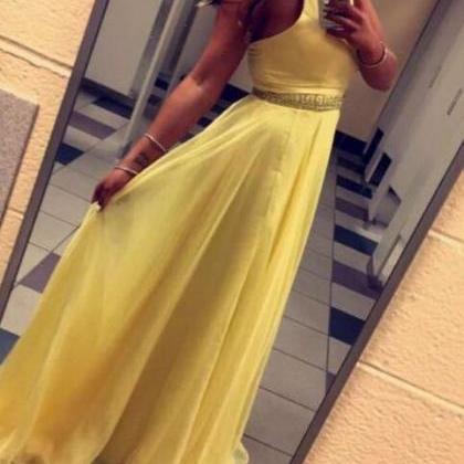 Yellow Halter Prom Dresses, A-line Chiffon Beaded..