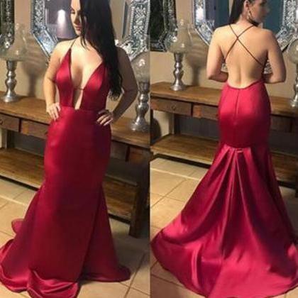 Red Sexy Satin V-neckline Party Gown, Red Formal..