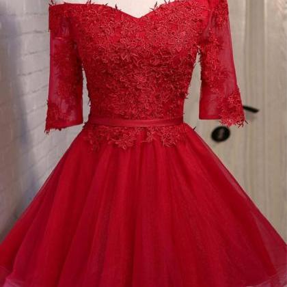 Red Tulle And Applique Off Shoulder Knee Length..
