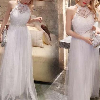 Sexy White Halter Tulle Beaded And Lace Long Prom..
