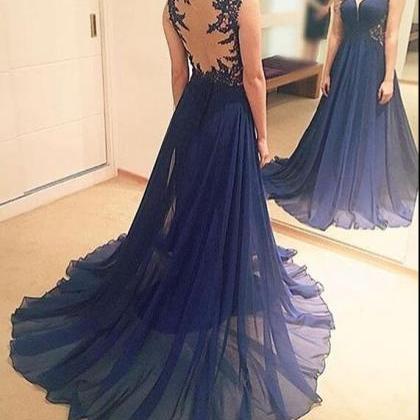 Blue Chiffon Long Junior Prom Dress With Applique,..