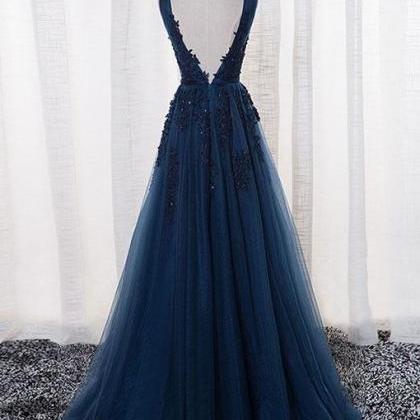 Navy Blue V-neckline Tulle Prom Dress 2018, Blue..