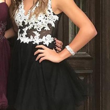 Black Short Homecoming Dress With White Applique,..
