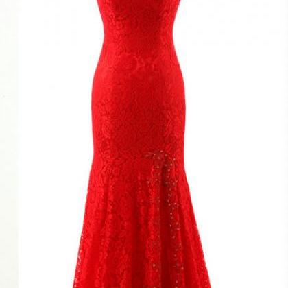 Red Lace One Shoulder Slit Wedding Party Dress..
