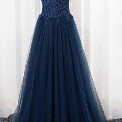 Navy Blue Tulle Long Prom Gowns, Blue Prom..