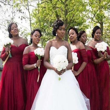 Wine Red Tulle Short Sleeves Bridesmaid Dresses,..