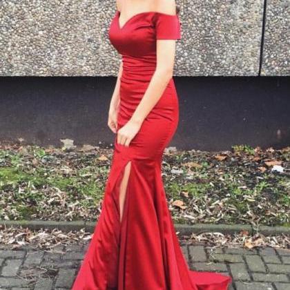 Red Off Shoulder Slit Satin Sexy Party Dress 2018,..