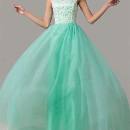 Mint Green Long Formal Gowns, Tulle And Lace..