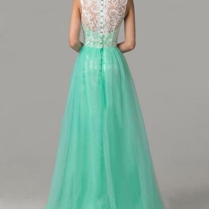 Mint Green Long Formal Gowns, Tulle And Lace..
