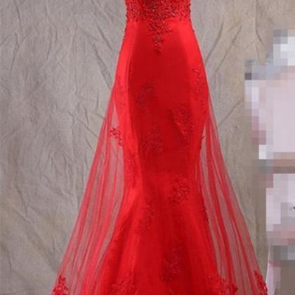 Red Satin Mermaid Wedding Party Gown With Tulle..