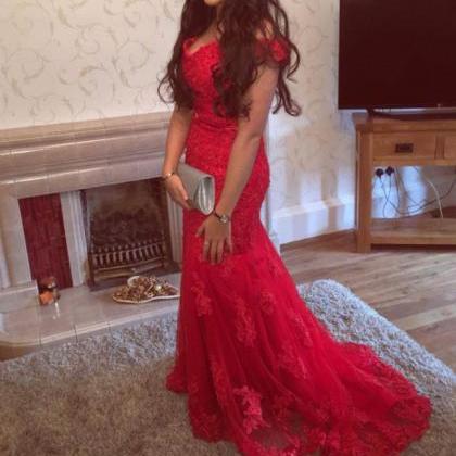 Red Off Shoulder Tulle Mermaid Gowns,graduation..