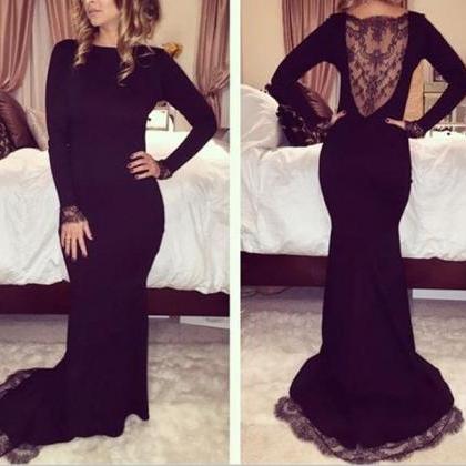 Black Long Sleeves Elegant Evening Dresses, Black..