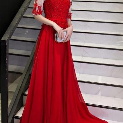 Beautiful Red Chiffon Short Sleeves Prom Dress..