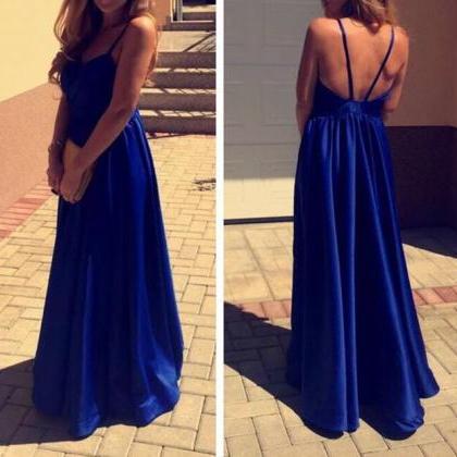 Blue Straps Backless Sweetheart Long Party..