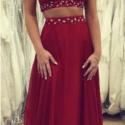 Charming Two Piece Dark Red Prom Dresses,beaded..