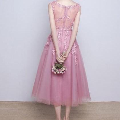 Pink Tea Length Party Dresses, Pink Formal..