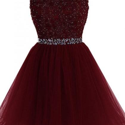 Maroon Short Tulle Party Dresses, Maroon..