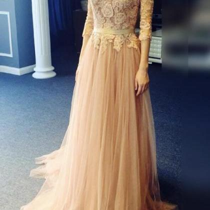 Champagne 1/2 Sleeves Tulle Long Junior Prom..