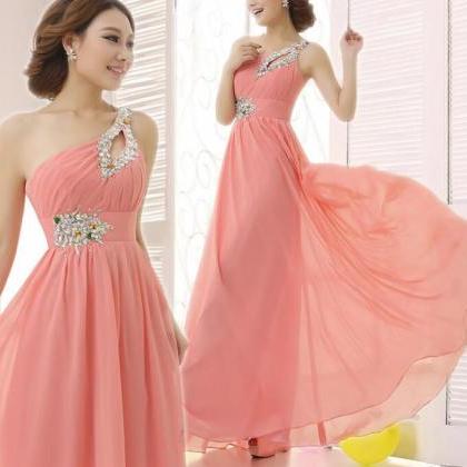 One Shoulder Pink Chiffon Party Dresses, Beaded..